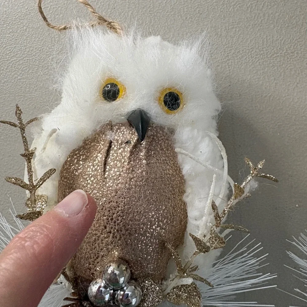 Set of 2 White Faux Fur Owl Christmas Ornaments Rose Gold Glitter Accents 5